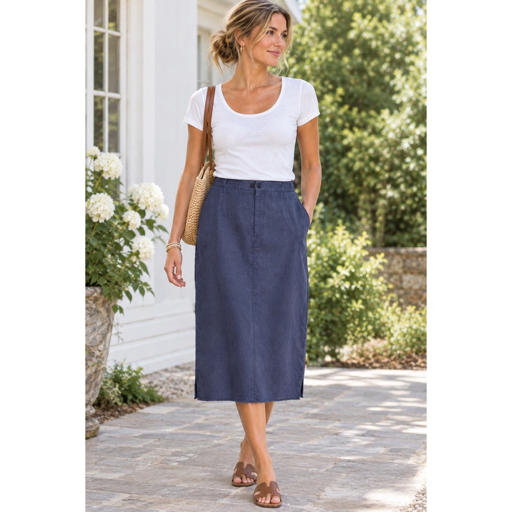 LL Bean Womens 16 Navy Blue 100% Linen Midi Skirt Elastic Waist Pockets Modest